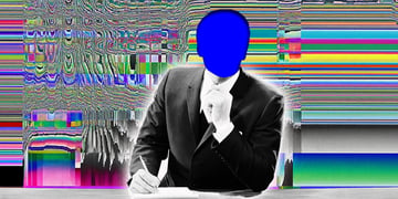 A psychedelic image of a human with blue bot face signing a constitution.