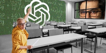The OpenAI logo on a blackboard with a  professor teaching an empty class.