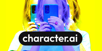 Image of a child looking at a phone, with Character.AI logo written in front