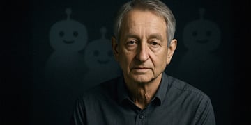 AI founder Geoffrey Hinton, with chatbot silhouettes in the background.