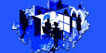 blue office cubicle with meta, uber, paramount logos