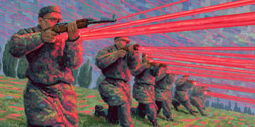 ground troops holding laser guns, red laser, shooting, pixel image