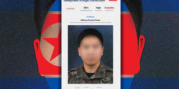 blurred mans face, army uniform, North korea flag on face, deepfake image detection