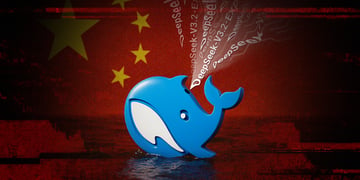 deepseek logo, blue whale, china flag, splashing water, dark red