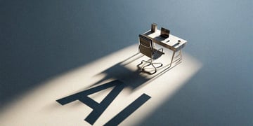 grey desk in the light, shadowy AI sign in the light