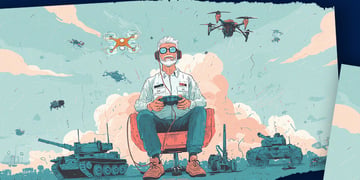 man with grey joystick controls tanks, drones, white hair and shirt, blue jeans