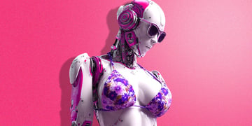 grey female bot with big breasts, floral blue and pink bra, headphones