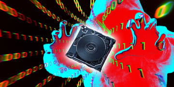 red hacker siluet, black CD drive, orange zeroes in lines,