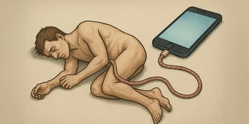 Human and smartphone connected via the umbilical cord