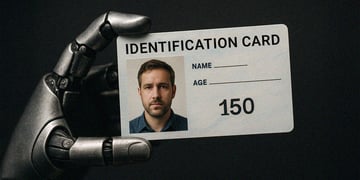 robot hand holding white ID card with 150 age, man blue shirt