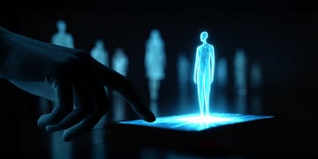 Human hand touching a robot hologram