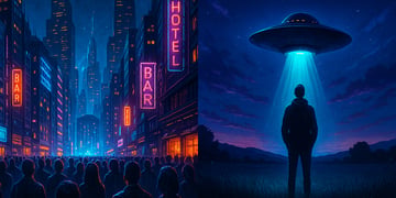 Split screen of masses seeing independence day style landing, and an individual beamed by UFO.