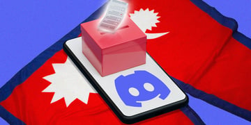 A ballot box with the discord logo on a phone on the nepal flag.