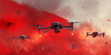 a sky in the colors of the polish flag, red and white, drone flying, black debris
