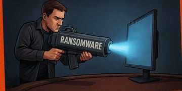 animated brown hair man shoots laser beams to blue screen, ransomware gun