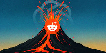 The Reddit logo on an erupting volcano, with the OpenAI logo in the background.
