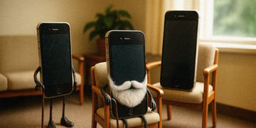 three black iphones, white beard, wooden cane, white arm chair, green plant