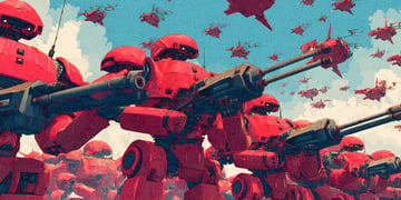 red robot army pointing black shot guns, red helmets, blue sky, red drones
