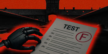 A robot hand and a failed test paper, surrounded by Auschwitz.