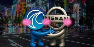 The Wayve and Nissan logos embracing on the streets of Tokyo.