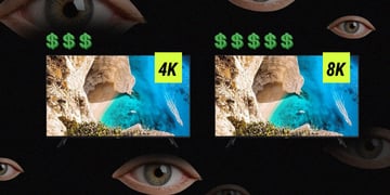 two monitors, cliffs, blue ocean.. human eyes, green dollar signs 