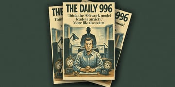 man in blue shirt on cover of magazine, the daily 996, judge, clocks, office