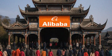 People-near-a-traditional-chinese-building-and-on-the-building,-show-a-Alibaba-logo