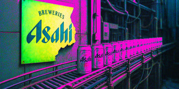 Half-broken-Asahi-sign-and-Asahi-cans-moving-in-the-factory