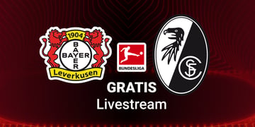 Leverkusen vs. Freiburg, Team Logos, roter Hintergrund, Livestream Bundesliga