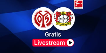 Team Logos Mainz gegen Leverkusen Bundesliga Livestream, blauer Hintergund