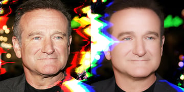 A split-screen of Robin Williams authentic image and deep-fake.