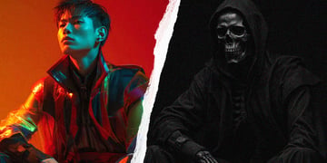 A split-poster of a Korean actor and one of a ghoul.