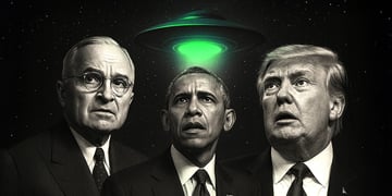 Presidents Truman, Obama and Trump beneath a beamed up UFO/UAP.