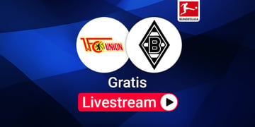 Team Logos, Union Berlin gegen Gladbach Bundesliga Livestream, blauer Hintergund