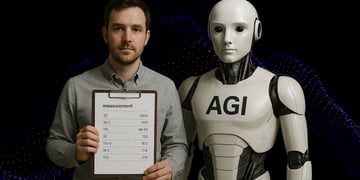 white robot on right, man in grey shirt on left, medical chart