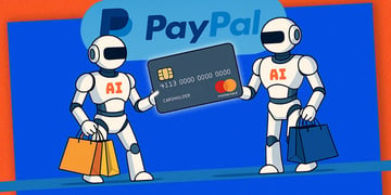 two white AI bots, huge grey mastercard, shopping bags, paypal logo
