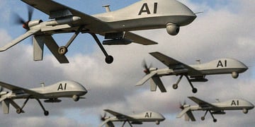 blue cloudy sky, 5 flying drones, AI signs