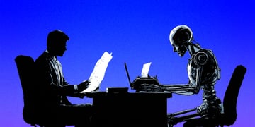 A human and a robot sitting at the desk writing