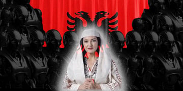 Albania's AI minister Diella surrounded by ominous black agents.