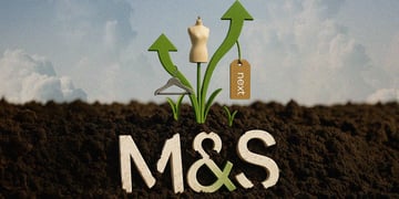 marks-and-spencers logo under ground, Next tag, green arrows growing from dark soil