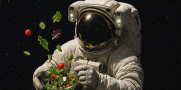 astronaut in black space in white spacesuit, green salad with red tomato