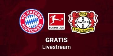 Bayern vs. Bayer Leverkusen, Team Logos, brauner Hintergrund, Bundesliga Stream Live gratis