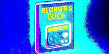 blue book, beginners guide, blue background, blue and yellow radio