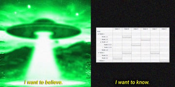 A split-screen of UFO and node data, with slogans of knowing and believing.