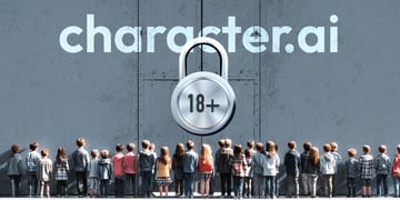 A group of children stand facing the wall with the Character.ai logo on it