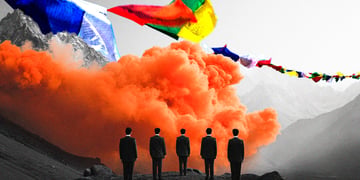 Five suited officials overlooking a firework dragon display in the Chinese mountains.