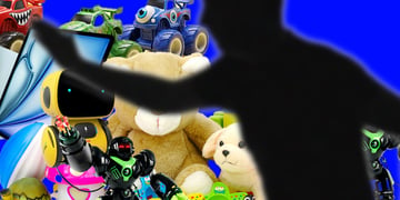 A selection of toys and  in the background and a parent silhouette about to smack a child.