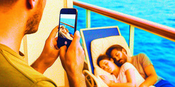Someone filming a sleeping couple on their balcony on a cruise-ship.