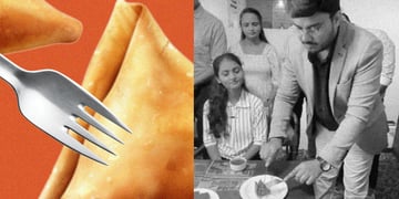A split-screen of an influencer showing how to eat a samosa with a knife and fork.
