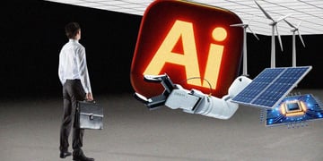 man, black pants, white shirt, AI, solar panel, wind mill, AI chip, suitcase